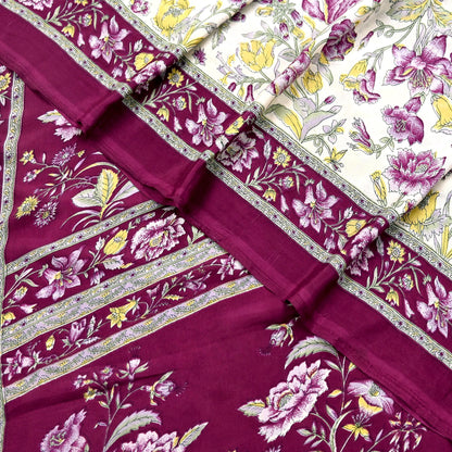 Indian Vintage Sari Maroon & Ivory Moss Crepe Printed Sarees 5yd Craft Fabric Sewing Floral Soft Dress making Quilting Crafting Upcycle Used