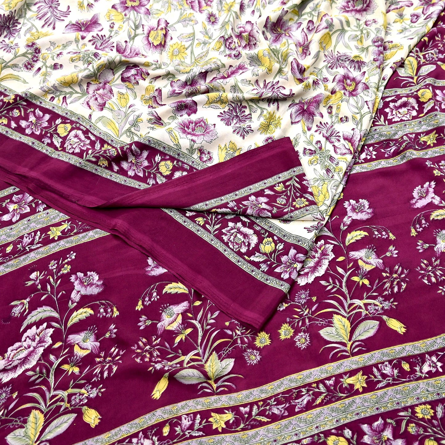 Indian Vintage Sari Maroon & Ivory Moss Crepe Printed Sarees 5yd Craft Fabric Sewing Floral Soft Dress making Quilting Crafting Upcycle Used