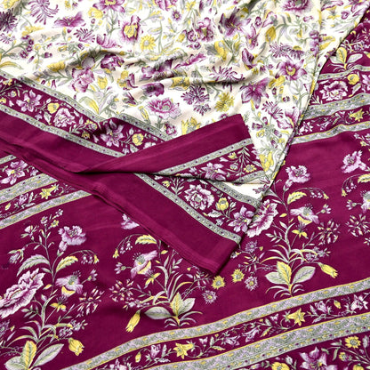Indian Vintage Sari Maroon & Ivory Moss Crepe Printed Sarees 5yd Craft Fabric Sewing Floral Soft Dress making Quilting Crafting Upcycle Used