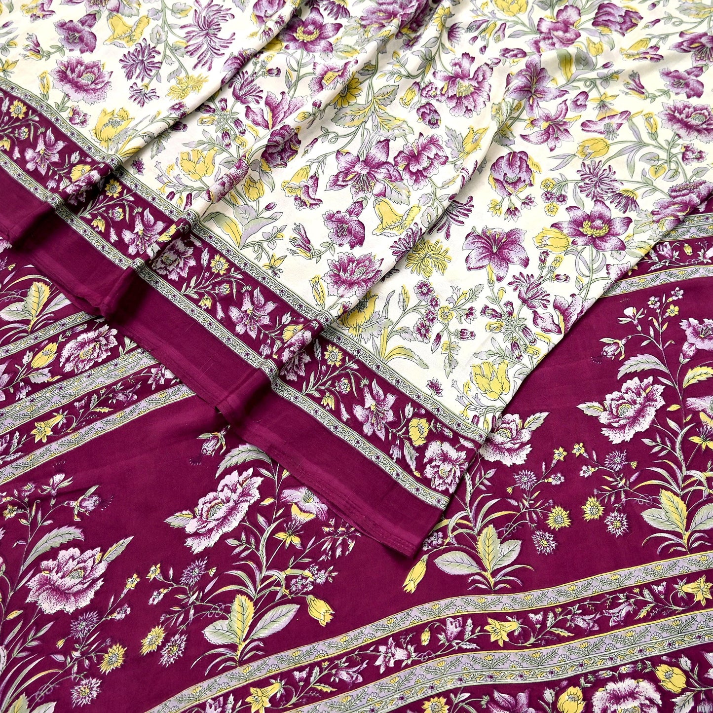 Indian Vintage Sari Maroon & Ivory Moss Crepe Printed Sarees 5yd Craft Fabric Sewing Floral Soft Dress making Quilting Crafting Upcycle Used