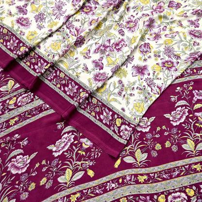 Indian Vintage Sari Maroon & Ivory Moss Crepe Printed Sarees 5yd Craft Fabric Sewing Floral Soft Dress making Quilting Crafting Upcycle Used