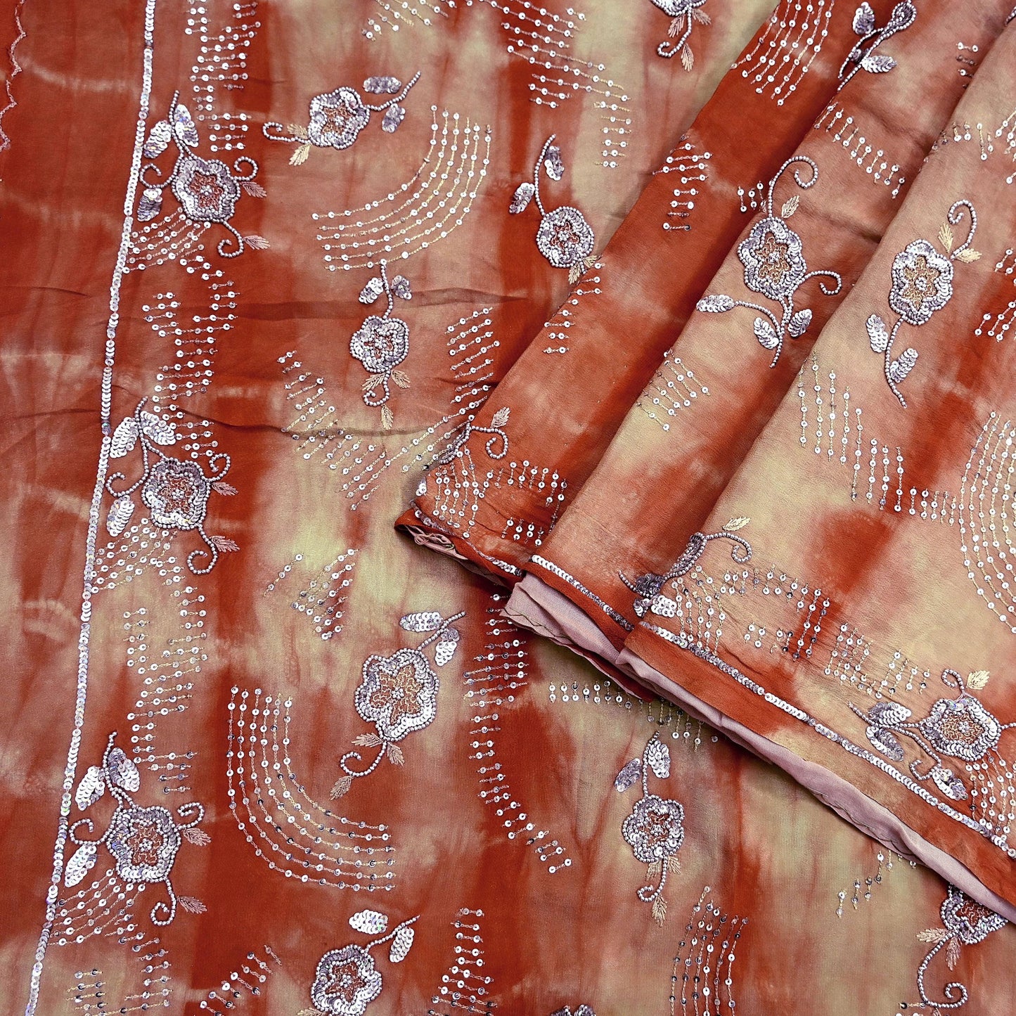 Indian Vintage Saree Pure Crepe Silk Hand Embroidered Tie-Dye Sari Fabric 5yard Sewing Craft Fabric Ethnic Dressmaking Crafting Zardozi Zari