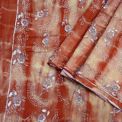 Indian Vintage Saree Pure Crepe Silk Hand Embroidered Tie-Dye Sari Fabric 5yard Sewing Craft Fabric Ethnic Dressmaking Crafting Zardozi Zari