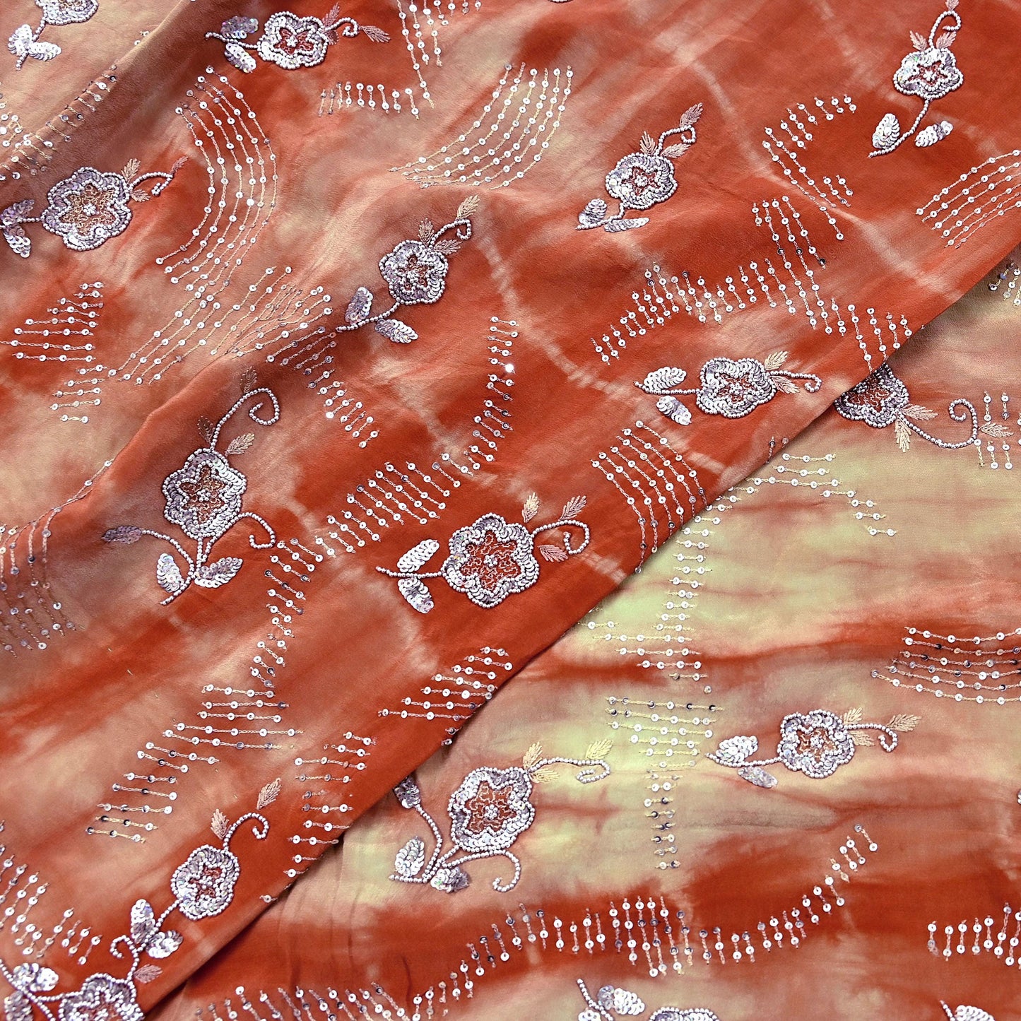 Indian Vintage Saree Pure Crepe Silk Hand Embroidered Tie-Dye Sari Fabric 5yard Sewing Craft Fabric Ethnic Dressmaking Crafting Zardozi Zari