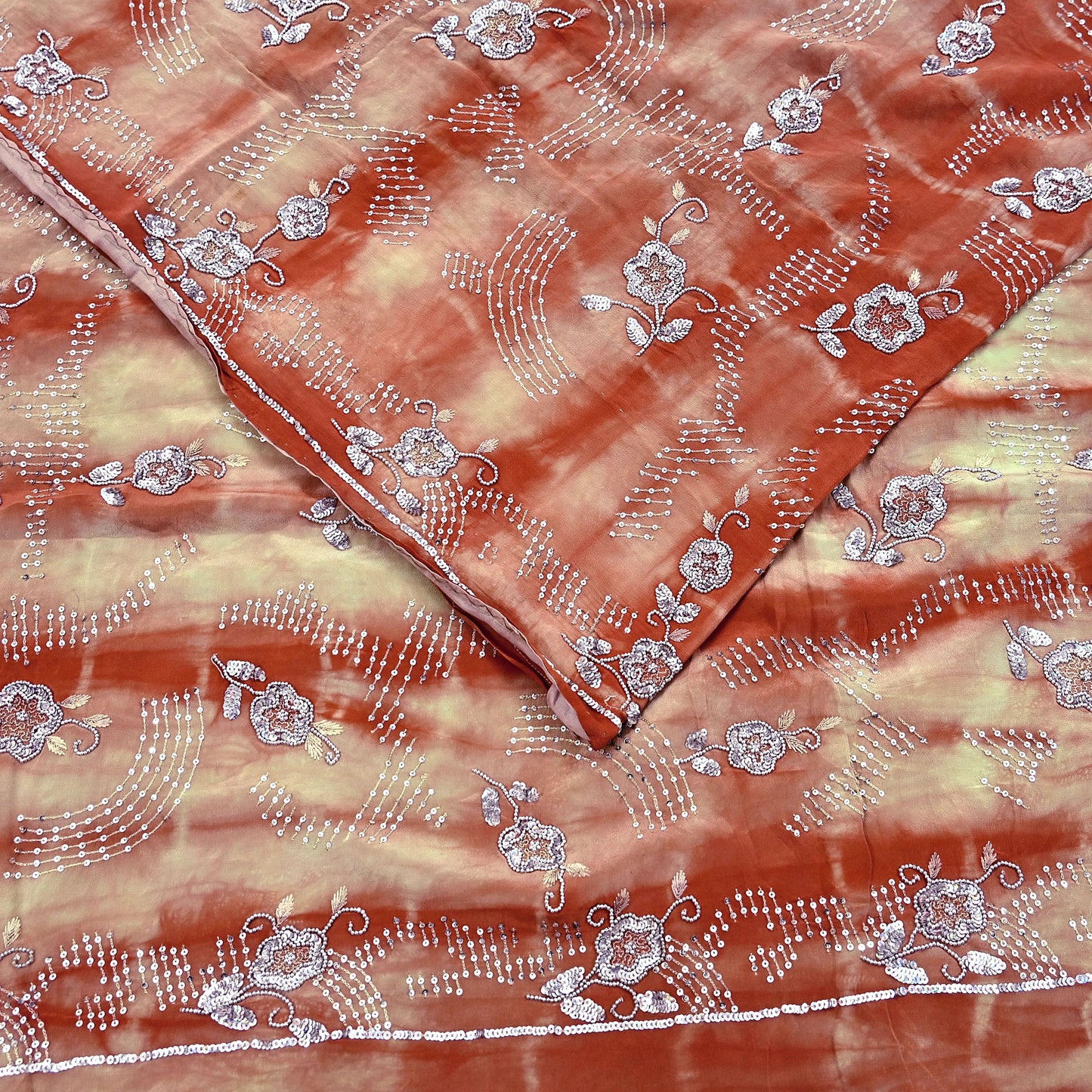 Indian Vintage Saree Pure Crepe Silk Hand Embroidered Tie-Dye Sari Fabric 5yard Sewing Craft Fabric Ethnic Dressmaking Crafting Zardozi Zari