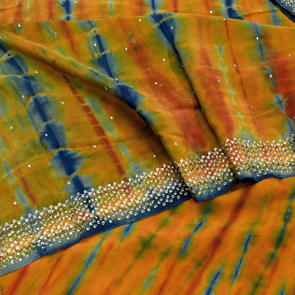 Indian Vintage Multi Saree Pure Crepe Silk Hand Embroidered Tie-Dye Sari Fabric 6yard Sewing Craft Fabric Ethnic Sequins Dressmaking