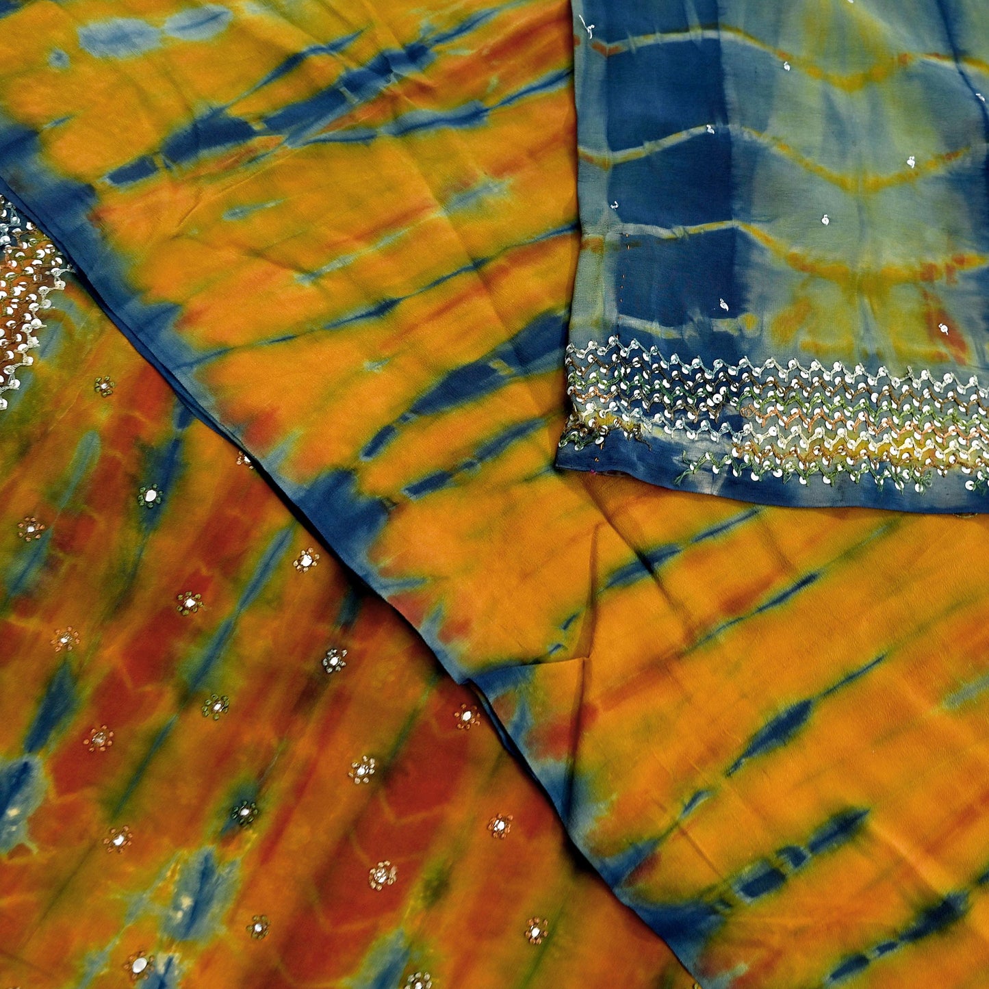 Indian Vintage Multi Saree Pure Crepe Silk Hand Embroidered Tie-Dye Sari Fabric 6yard Sewing Craft Fabric Ethnic Sequins Dressmaking