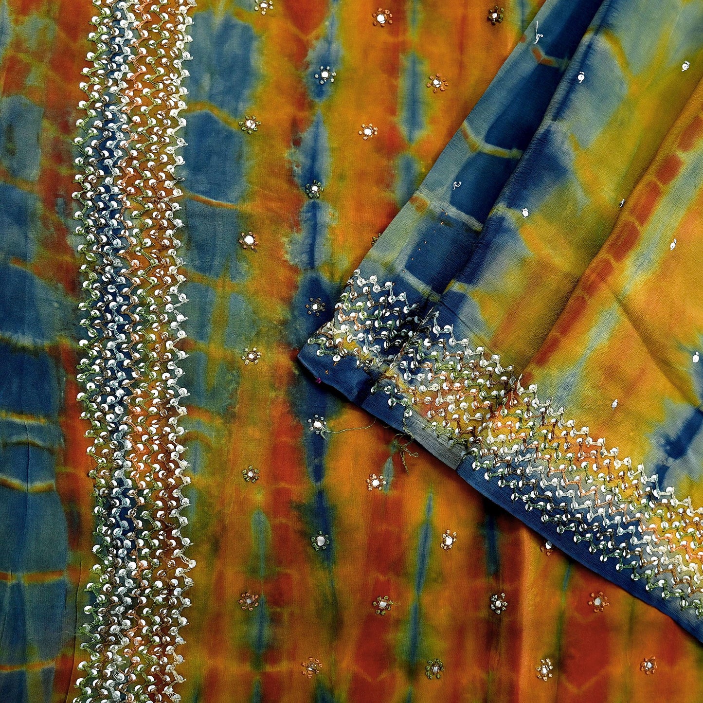 Indian Vintage Multi Saree Pure Crepe Silk Hand Embroidered Tie-Dye Sari Fabric 6yard Sewing Craft Fabric Ethnic Sequins Dressmaking