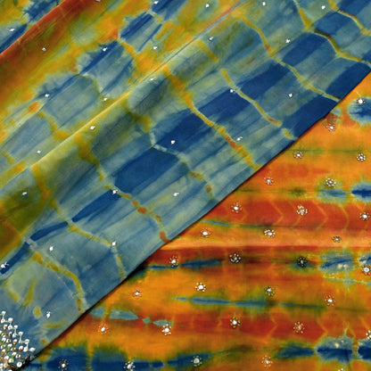 Indian Vintage Multi Saree Pure Crepe Silk Hand Embroidered Tie-Dye Sari Fabric 6yard Sewing Craft Fabric Ethnic Sequins Dressmaking