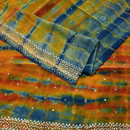 Indian Vintage Multi Saree Pure Crepe Silk Hand Embroidered Tie-Dye Sari Fabric 6yard Sewing Craft Fabric Ethnic Sequins Dressmaking