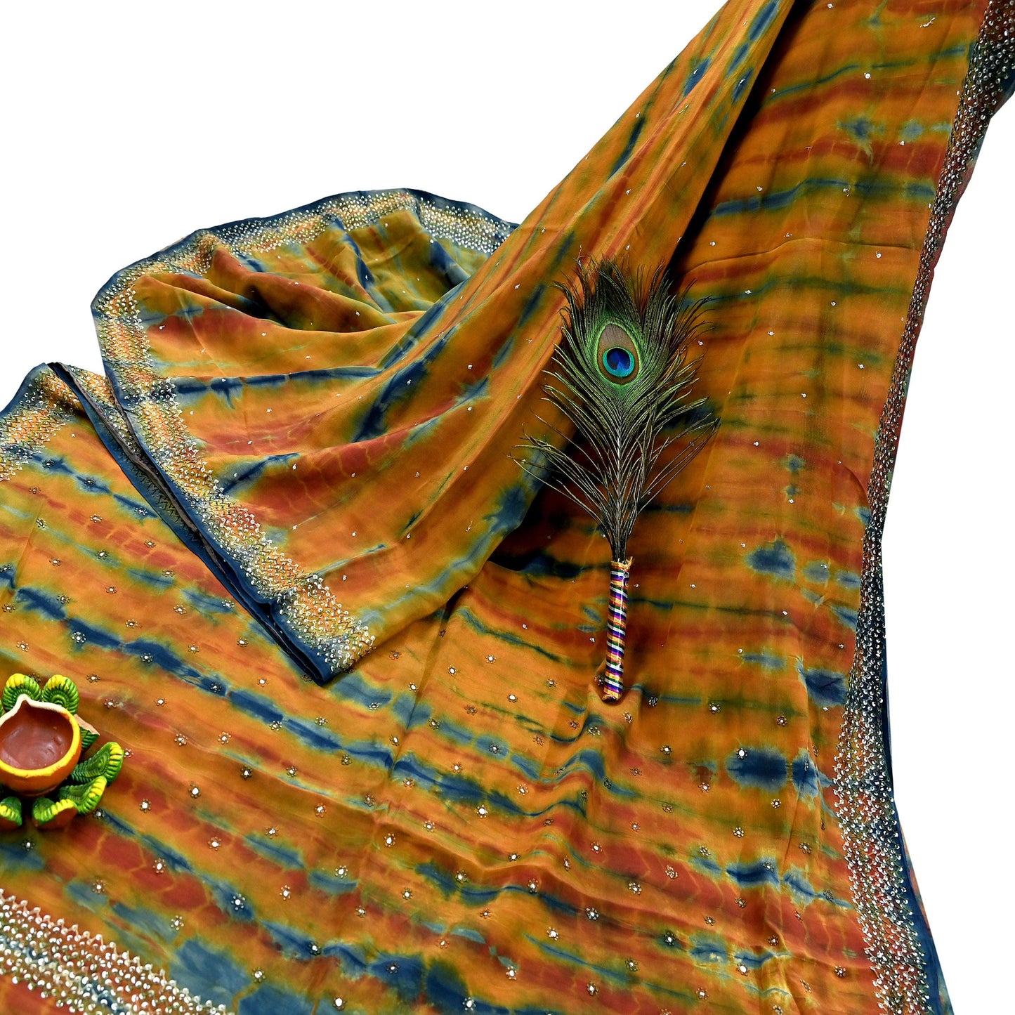 Indian Vintage Multi Saree Pure Crepe Silk Hand Embroidered Tie-Dye Sari Fabric 6yard Sewing Craft Fabric Ethnic Sequins Dressmaking