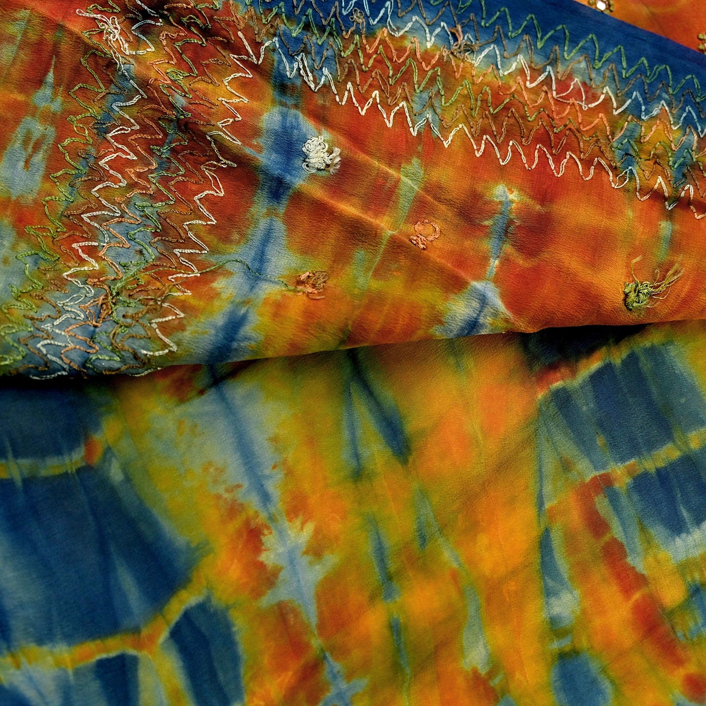 Indian Vintage Multi Saree Pure Crepe Silk Hand Embroidered Tie-Dye Sari Fabric 6yard Sewing Craft Fabric Ethnic Sequins Dressmaking