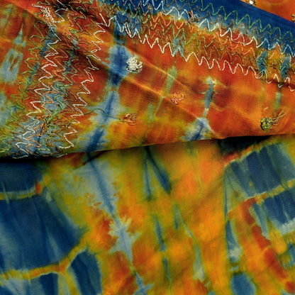 Indian Vintage Multi Saree Pure Crepe Silk Hand Embroidered Tie-Dye Sari Fabric 6yard Sewing Craft Fabric Ethnic Sequins Dressmaking
