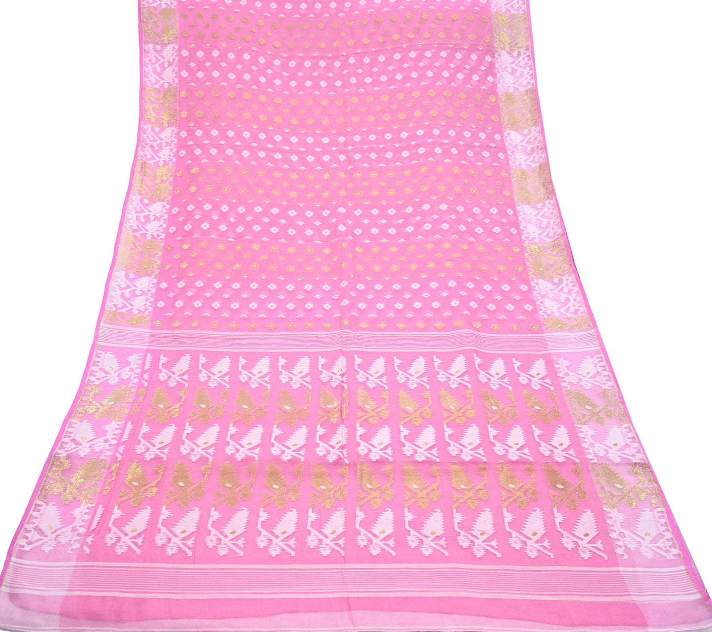 Indian Vintage Saree Pink Pure Cotton Hand Woven Jamdani Sari 5yd Ethnic Floral Craft Fabric Dress making Upcycle Crafting Quilting