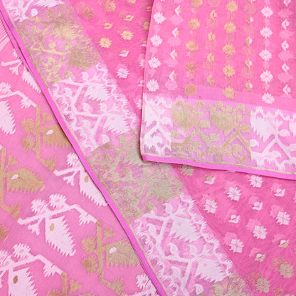 Indian Vintage Saree Pink Pure Cotton Hand Woven Jamdani Sari 5yd Ethnic Floral Craft Fabric Dress making Upcycle Crafting Quilting