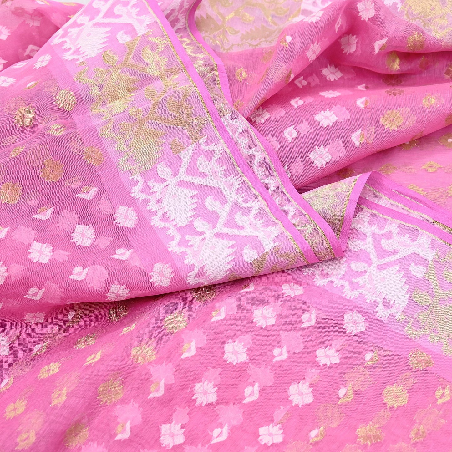 Indian Vintage Saree Pink Pure Cotton Hand Woven Jamdani Sari 5yd Ethnic Floral Craft Fabric Dress making Upcycle Crafting Quilting