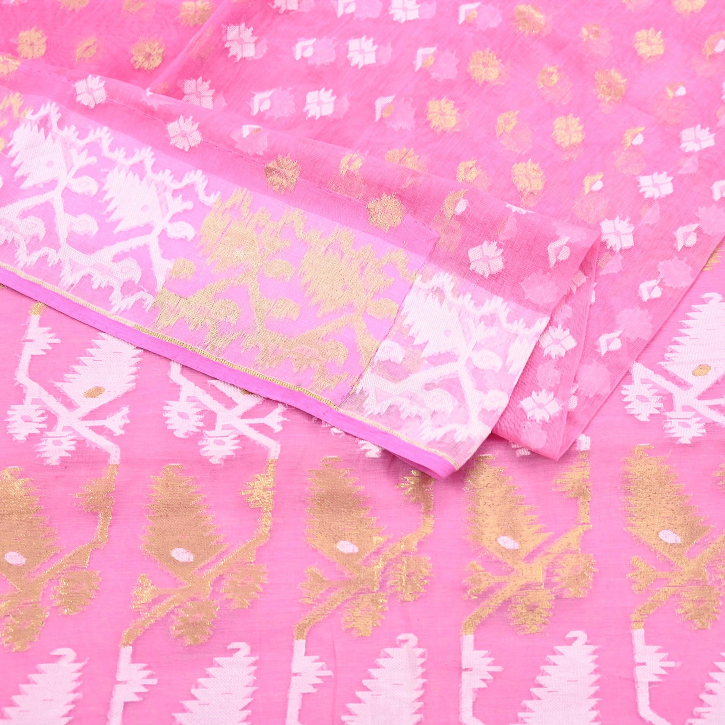 Indian Vintage Saree Pink Pure Cotton Hand Woven Jamdani Sari 5yd Ethnic Floral Craft Fabric Dress making Upcycle Crafting Quilting