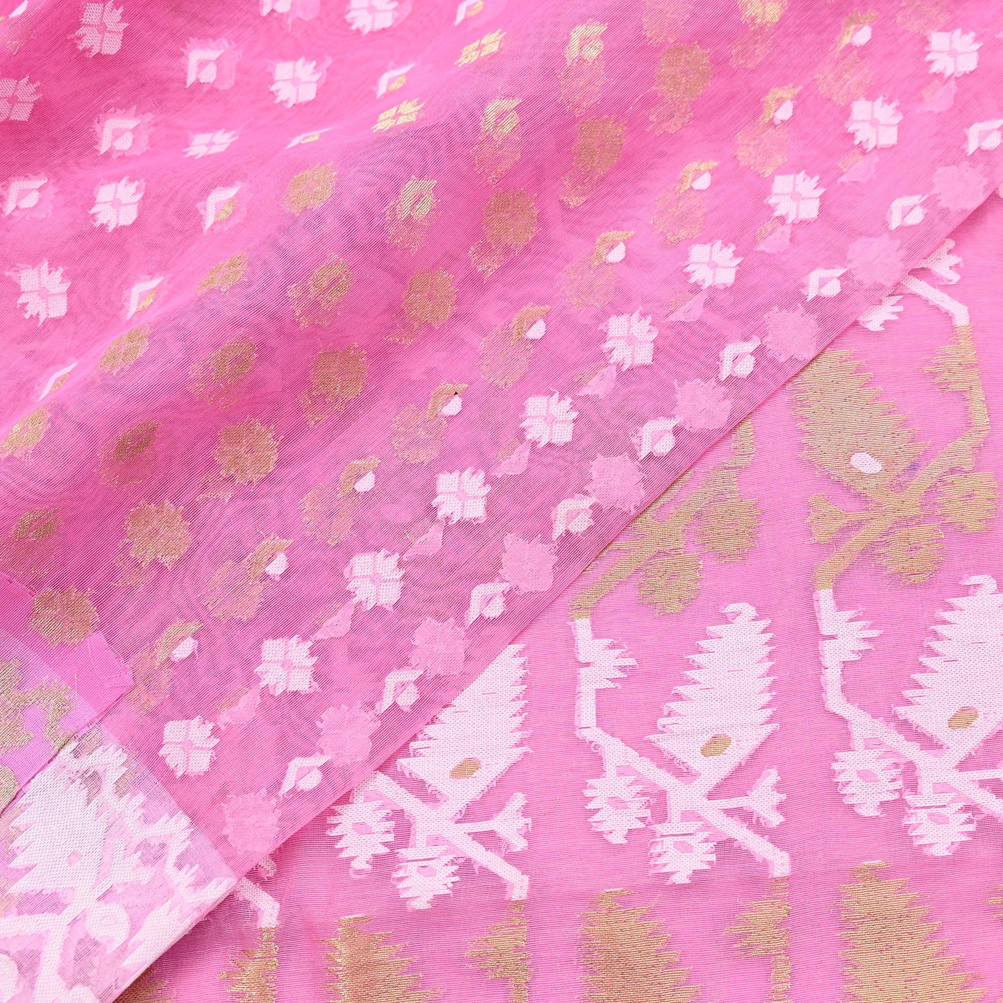 Indian Vintage Saree Pink Pure Cotton Hand Woven Jamdani Sari 5yd Ethnic Floral Craft Fabric Dress making Upcycle Crafting Quilting