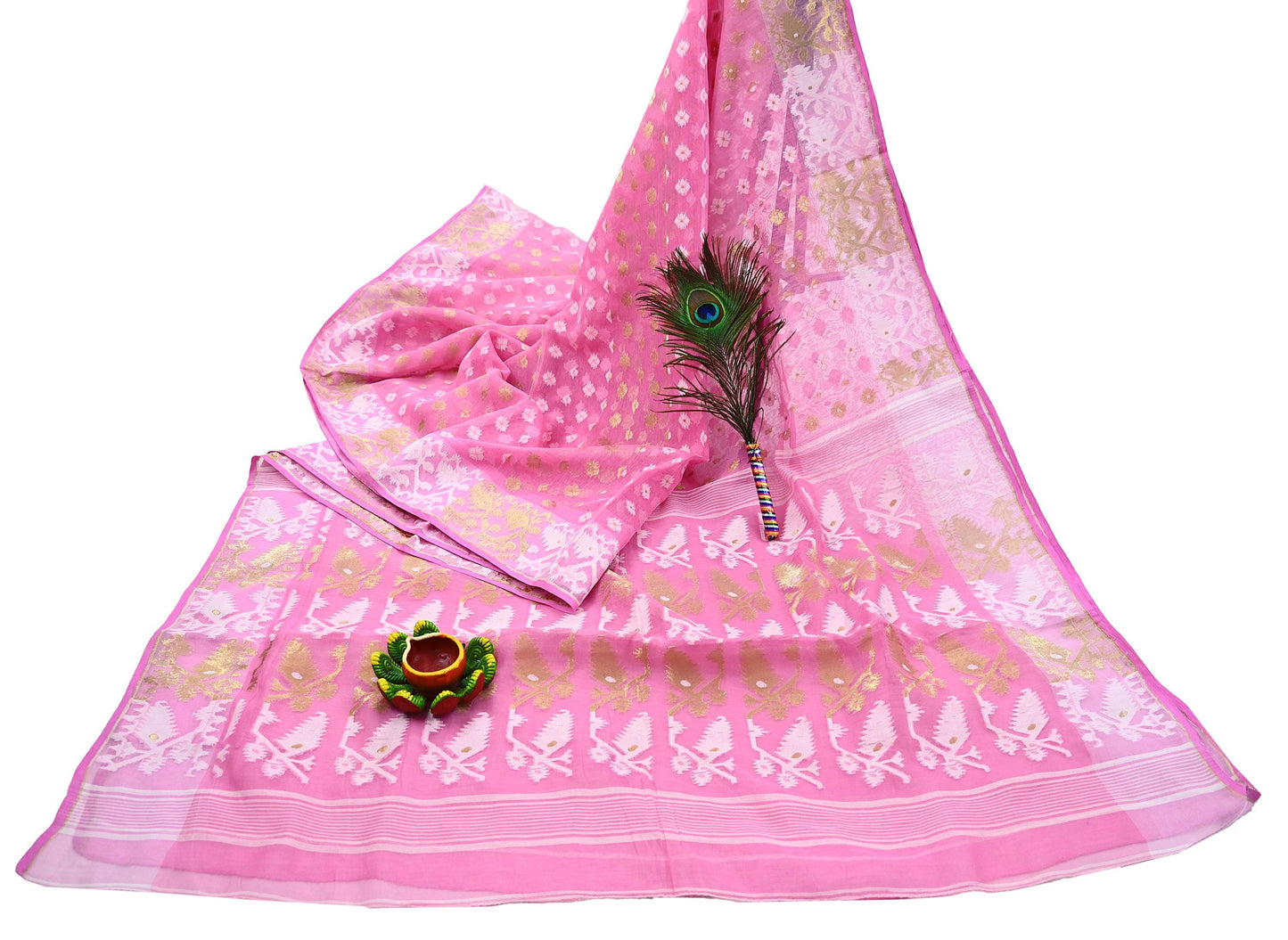 Indian Vintage Saree Pink Pure Cotton Hand Woven Jamdani Sari 5yd Ethnic Floral Craft Fabric Dress making Upcycle Crafting Quilting