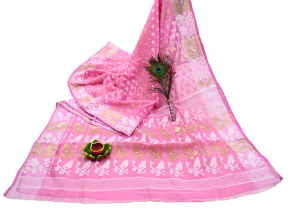 Indian Vintage Saree Pink Pure Cotton Hand Woven Jamdani Sari 5yd Ethnic Floral Craft Fabric Dress making Upcycle Crafting Quilting