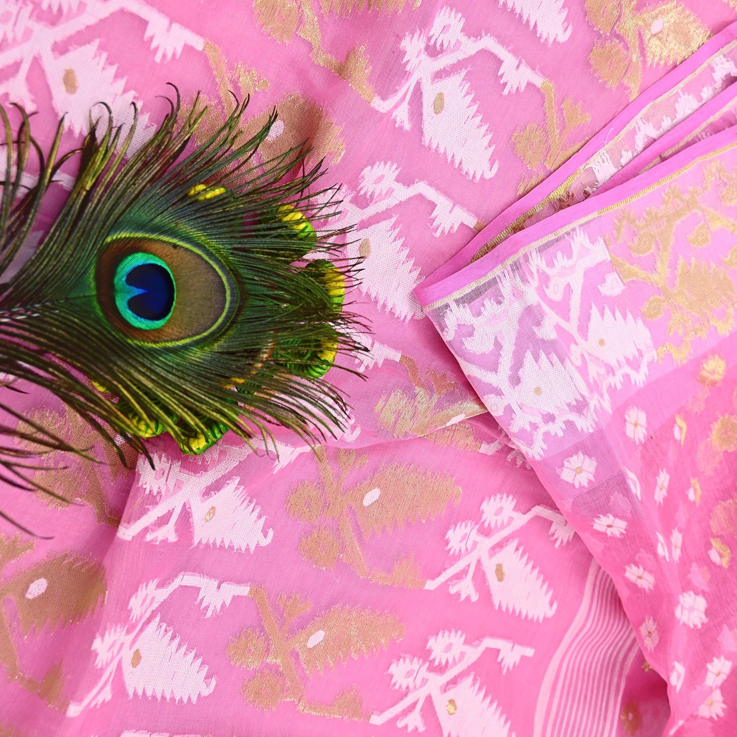 Indian Vintage Saree Pink Pure Cotton Hand Woven Jamdani Sari 5yd Ethnic Floral Craft Fabric Dress making Upcycle Crafting Quilting