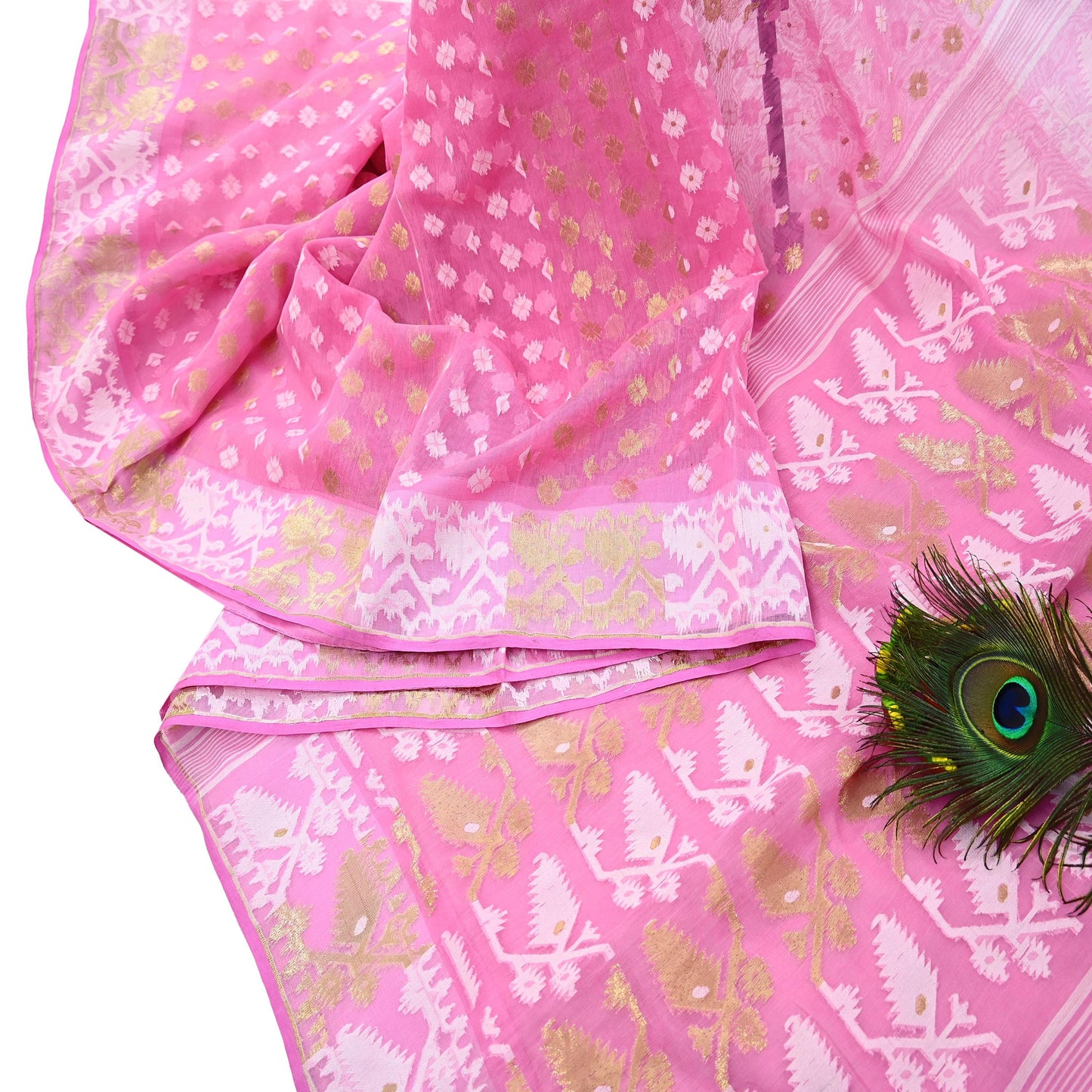 Indian Vintage Saree Pink Pure Cotton Hand Woven Jamdani Sari 5yd Ethnic Floral Craft Fabric Dress making Upcycle Crafting Quilting