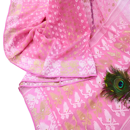 Indian Vintage Saree Pink Pure Cotton Hand Woven Jamdani Sari 5yd Ethnic Floral Craft Fabric Dress making Upcycle Crafting Quilting