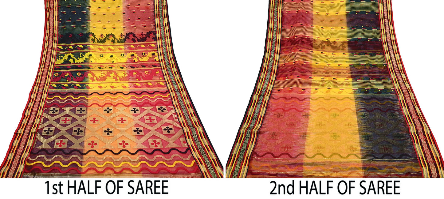 Indian Vintage Jamdani Pure Cotton Saree Handwoven Floral Sari Ethnic 5 Yard Fabric for Dressmaking, Quilting & Upcycling Crafts