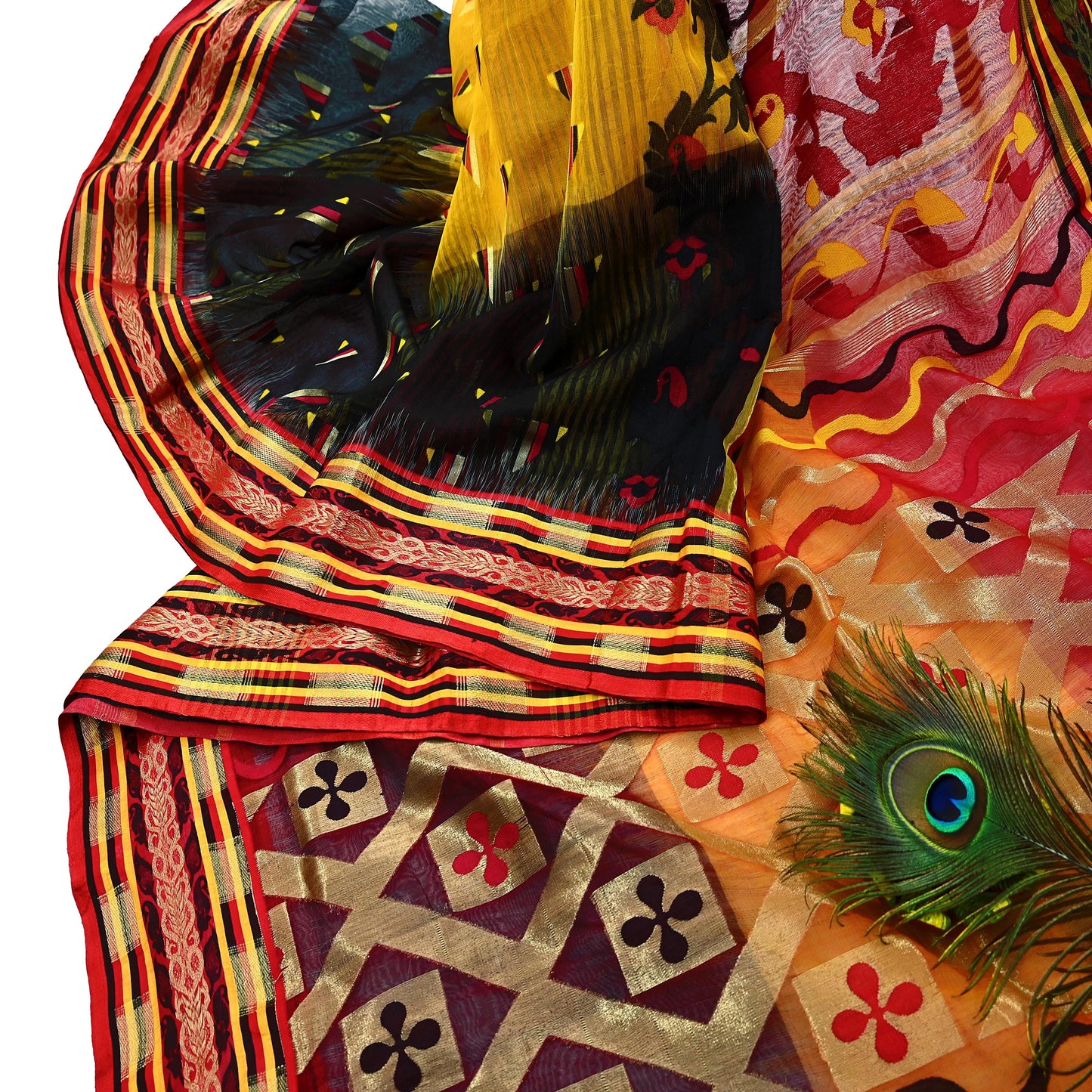 Indian Vintage Jamdani Pure Cotton Saree Handwoven Floral Sari Ethnic 5 Yard Fabric for Dressmaking, Quilting & Upcycling Crafts