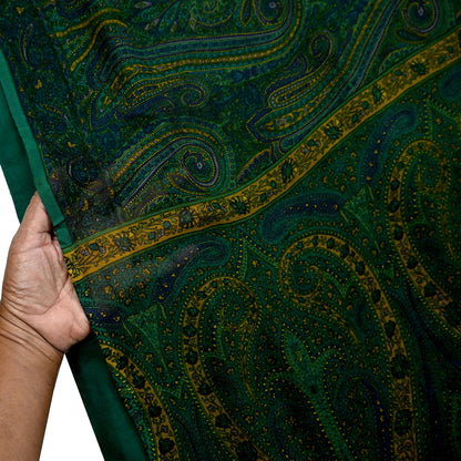 Women Vintage Sari Green Pure Chiffon Silk Printed Sarees Craft Fabric Sewing 5Yd Soft Dress Making Crafting Quilting Upcycle Used