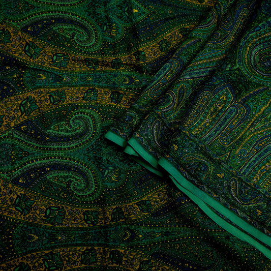 Women Vintage Sari Green Pure Chiffon Silk Printed Sarees Craft Fabric Sewing 5Yd Soft Dress Making Crafting Quilting Upcycle Used