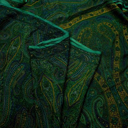 Women Vintage Sari Green Pure Chiffon Silk Printed Sarees Craft Fabric Sewing 5Yd Soft Dress Making Crafting Quilting Upcycle Used