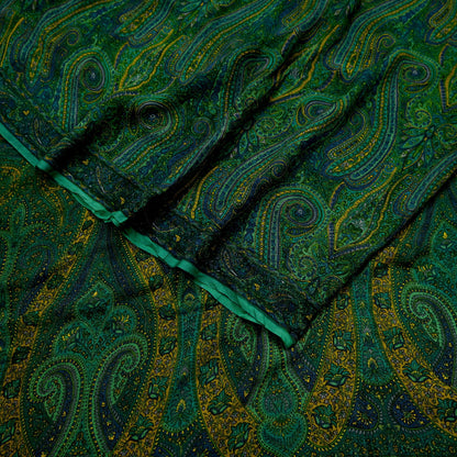 Women Vintage Sari Green Pure Chiffon Silk Printed Sarees Craft Fabric Sewing 5Yd Soft Dress Making Crafting Quilting Upcycle Used