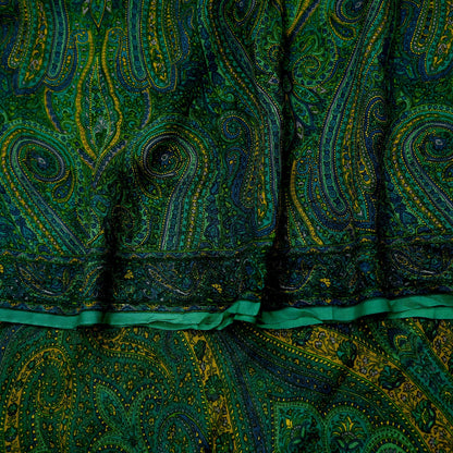 Women Vintage Sari Green Pure Chiffon Silk Printed Sarees Craft Fabric Sewing 5Yd Soft Dress Making Crafting Quilting Upcycle Used