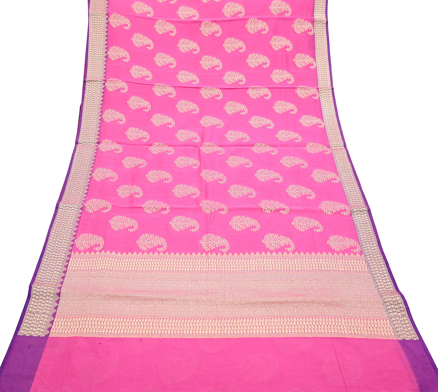 Indian Vintage Pink Cotton Saree Handwoven Floral Banarasi Border 5 Yard Soft Fabric Sewing Quilting Craft Dressmaking Material