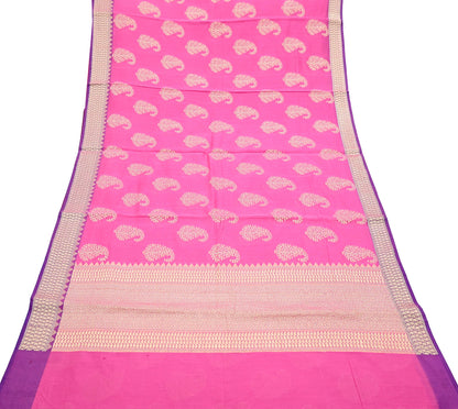 Indian Vintage Pink Cotton Saree Handwoven Floral Banarasi Border 5 Yard Soft Fabric Sewing Quilting Craft Dressmaking Material