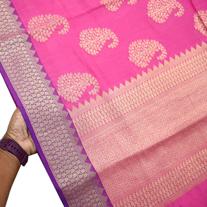 Indian Vintage Pink Cotton Saree Handwoven Floral Banarasi Border 5 Yard Soft Fabric Sewing Quilting Craft Dressmaking Material