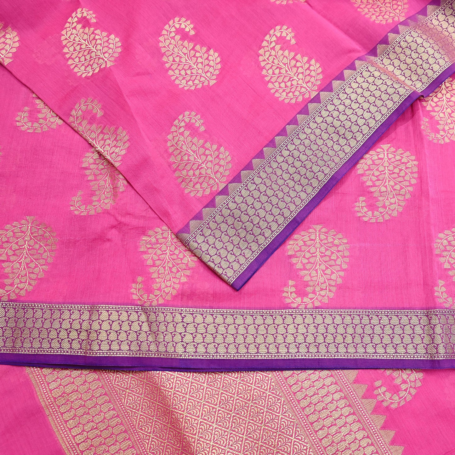 Indian Vintage Pink Cotton Saree Handwoven Floral Banarasi Border 5 Yard Soft Fabric Sewing Quilting Craft Dressmaking Material