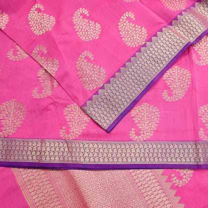 Indian Vintage Pink Cotton Saree Handwoven Floral Banarasi Border 5 Yard Soft Fabric Sewing Quilting Craft Dressmaking Material