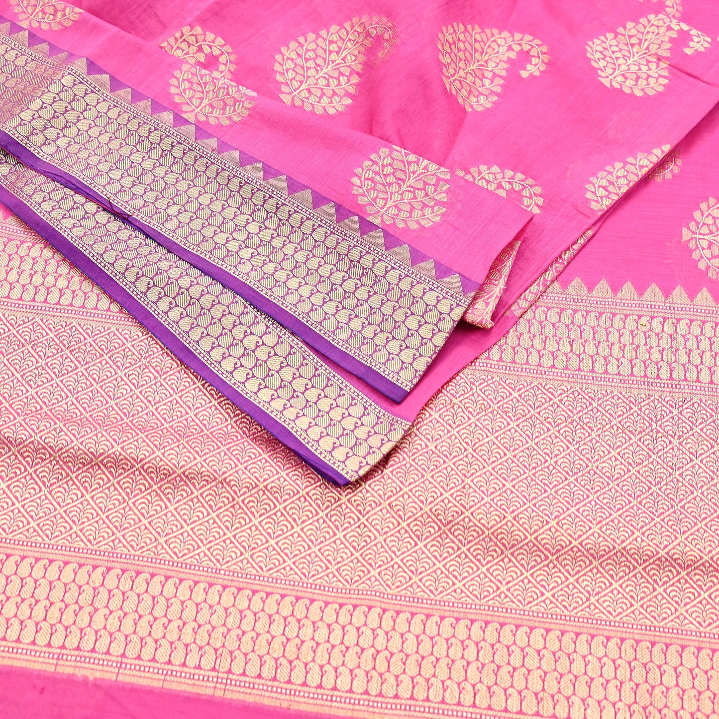 Indian Vintage Pink Cotton Saree Handwoven Floral Banarasi Border 5 Yard Soft Fabric Sewing Quilting Craft Dressmaking Material