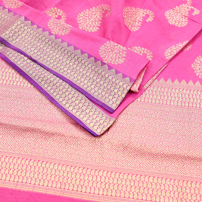 Indian Vintage Pink Cotton Saree Handwoven Floral Banarasi Border 5 Yard Soft Fabric Sewing Quilting Craft Dressmaking Material