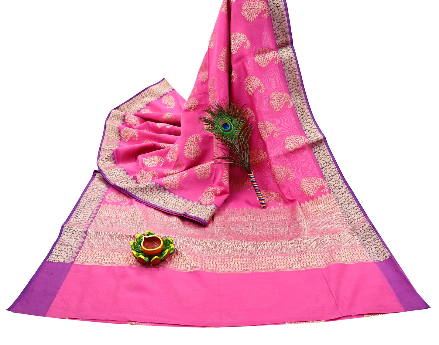 Indian Vintage Pink Cotton Saree Handwoven Floral Banarasi Border 5 Yard Soft Fabric Sewing Quilting Craft Dressmaking Material