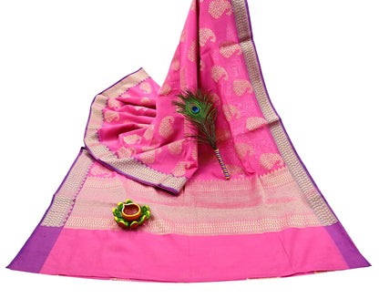 Indian Vintage Pink Cotton Saree Handwoven Floral Banarasi Border 5 Yard Soft Fabric Sewing Quilting Craft Dressmaking Material