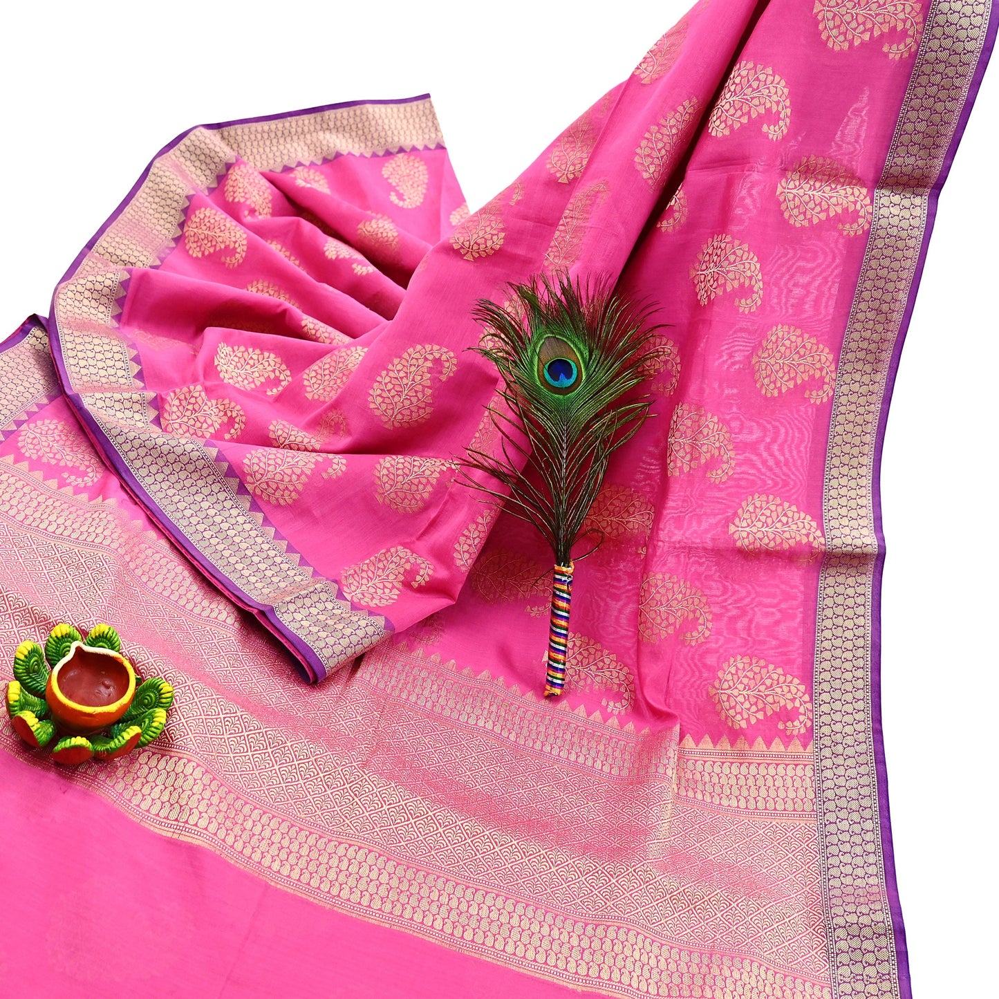 Indian Vintage Pink Cotton Saree Handwoven Floral Banarasi Border 5 Yard Soft Fabric Sewing Quilting Craft Dressmaking Material