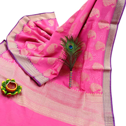 Indian Vintage Pink Cotton Saree Handwoven Floral Banarasi Border 5 Yard Soft Fabric Sewing Quilting Craft Dressmaking Material