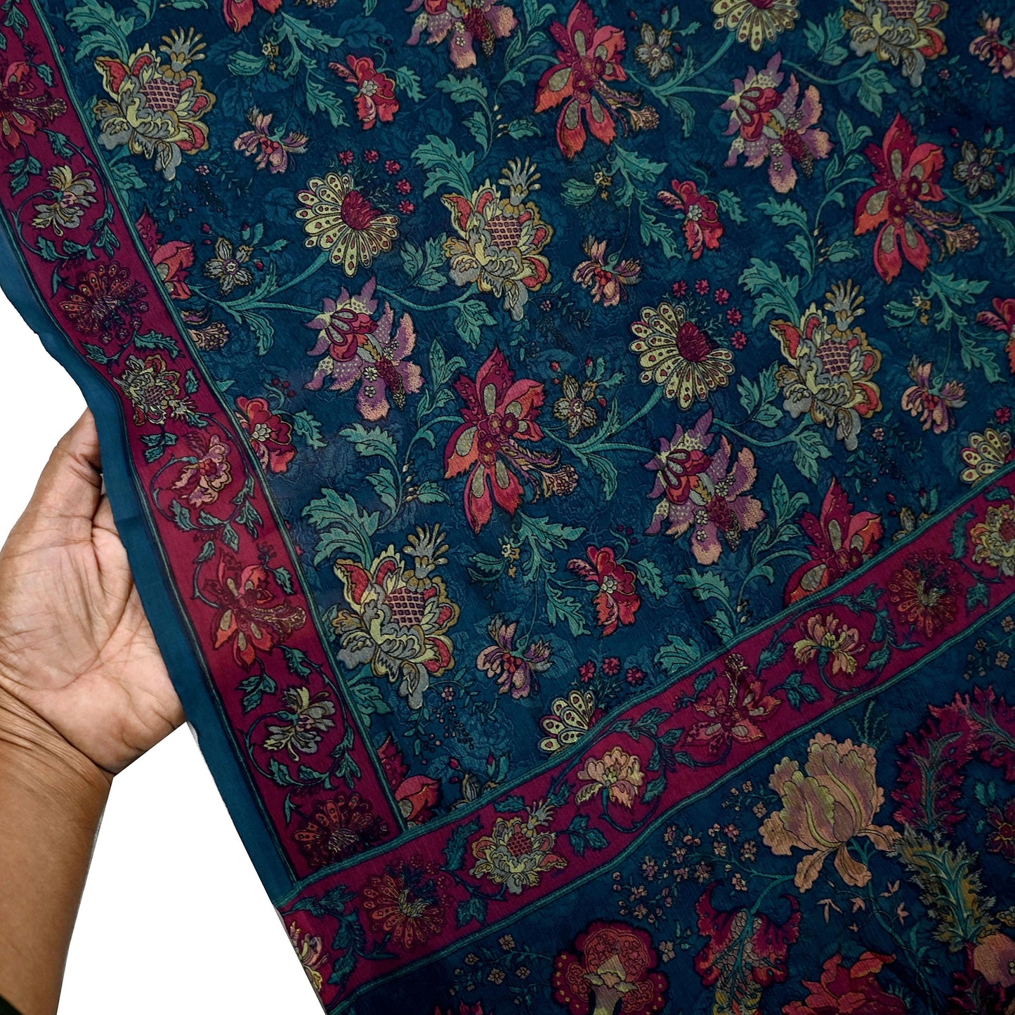 Women Vintage Sari Green Pure Chiffon Silk Printed Sarees Craft Fabric Sewing 5Yd Soft Dress Making Crafting Quilting Upcycle Used