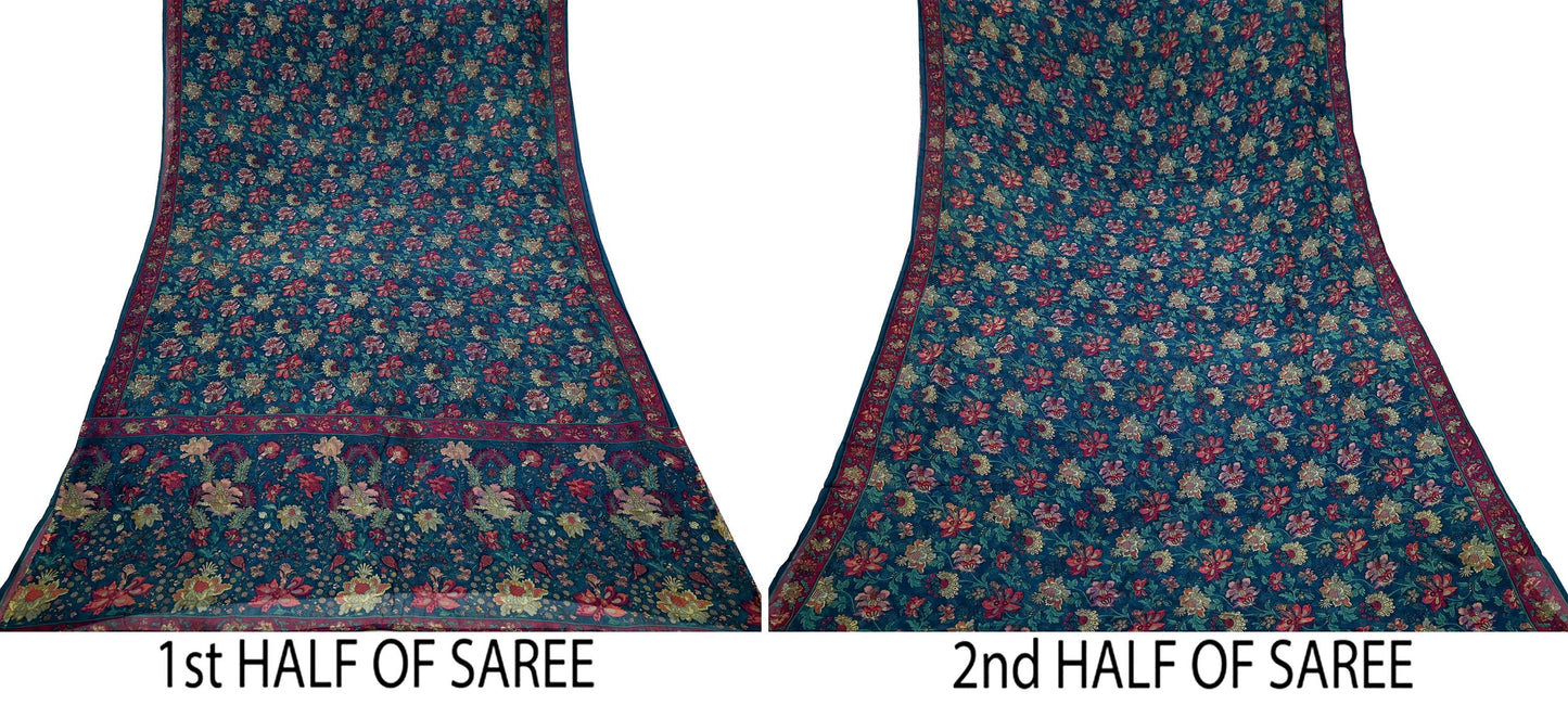 Women Vintage Sari Green Pure Chiffon Silk Printed Sarees Craft Fabric Sewing 5Yd Soft Dress Making Crafting Quilting Upcycle Used