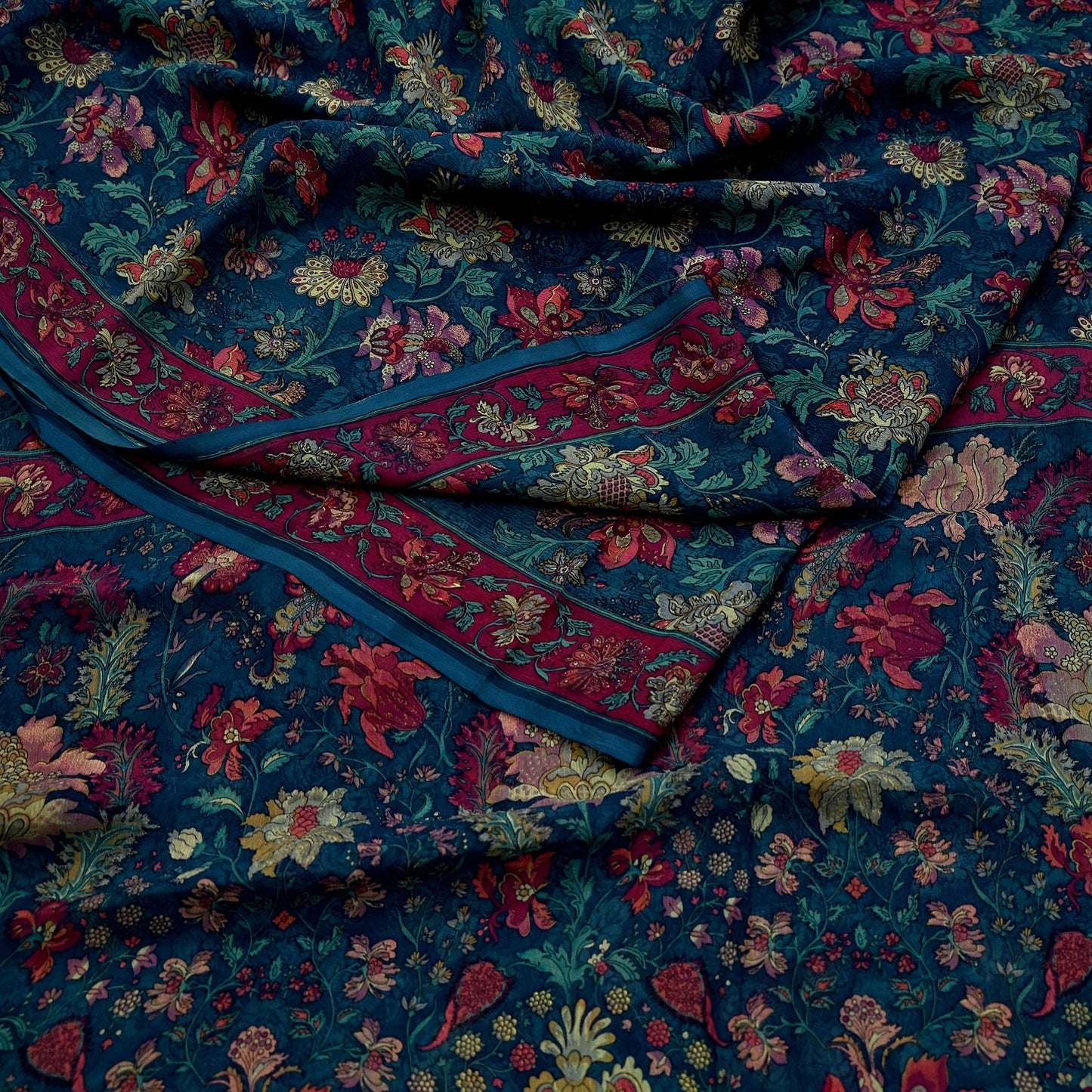 Women Vintage Sari Green Pure Chiffon Silk Printed Sarees Craft Fabric Sewing 5Yd Soft Dress Making Crafting Quilting Upcycle Used