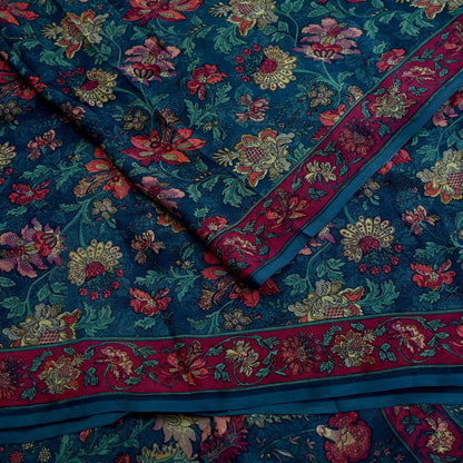 Women Vintage Sari Green Pure Chiffon Silk Printed Sarees Craft Fabric Sewing 5Yd Soft Dress Making Crafting Quilting Upcycle Used