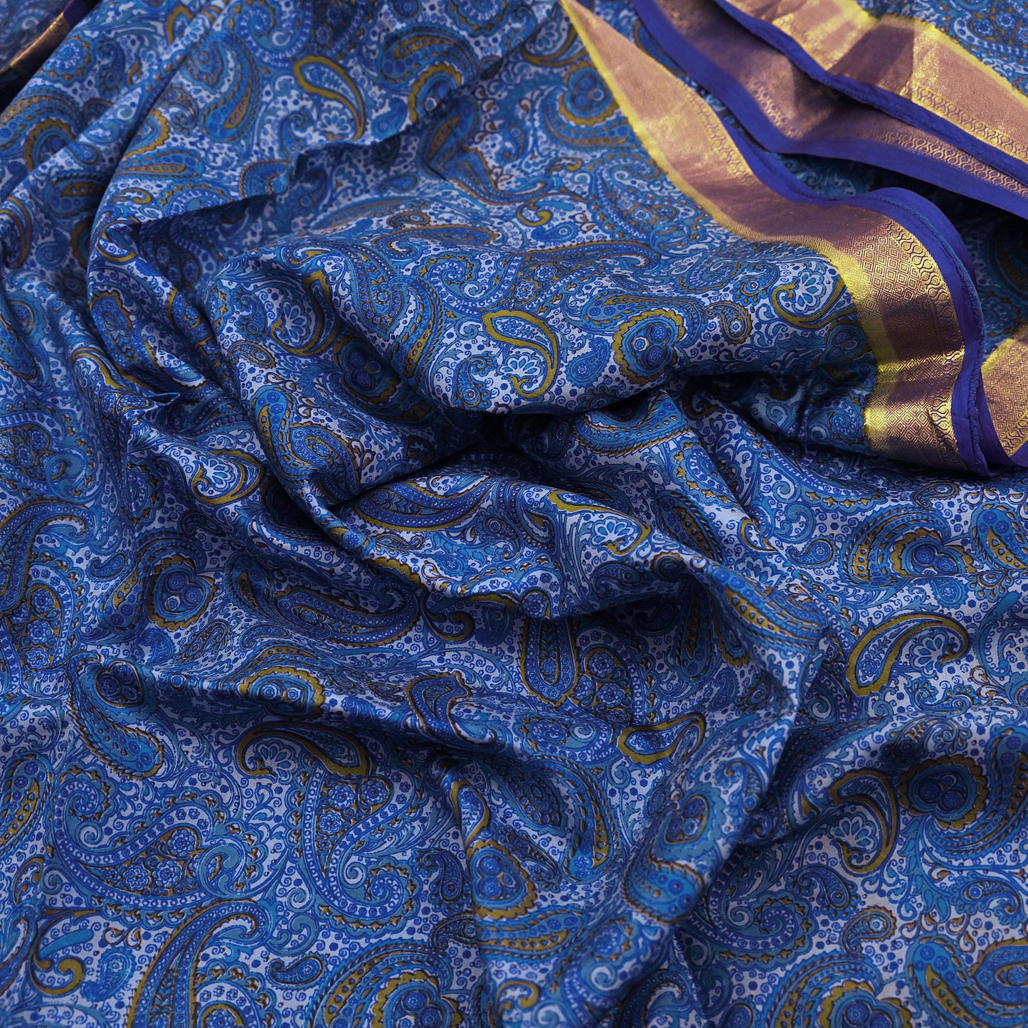 Vintage Sari Blue Pure Silk Printed Saree Fabric 5yard Sewing Soft Dress Designing for Crafting Quilting Upcycle Soft Zari Border
